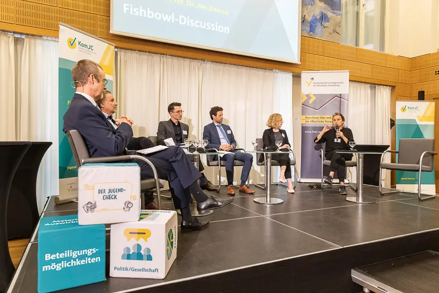 Podium mit den Teilnehmenden der Fishbowl-Diskussion. Von links nach rechts: Prof. Dr. Jan Ziekow (Moderation), Dr. Ewald Filler, Immanuel Benz, Moritz Ader, Rebecca Romes und Leen Ackaert